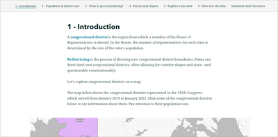 Sections, including Standards and Outcomes, in the Redistricting activity
