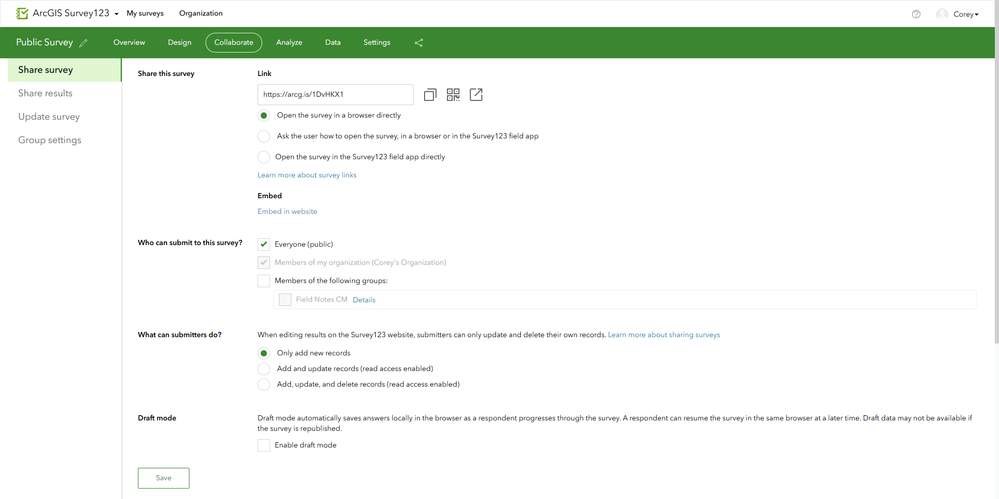 Sharing options in the Survey123 Web Designer.