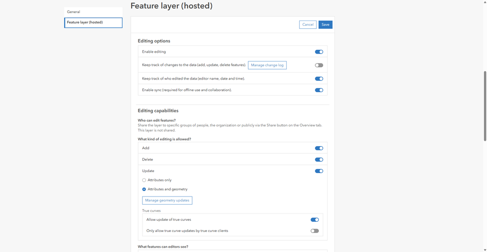 Editing settings for the Field Notes feature layer.