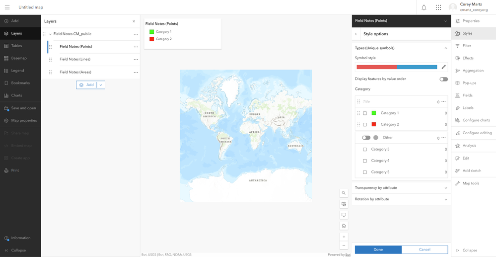 Styles settings for the Field Notes (Points) layer in the Map Viewer.