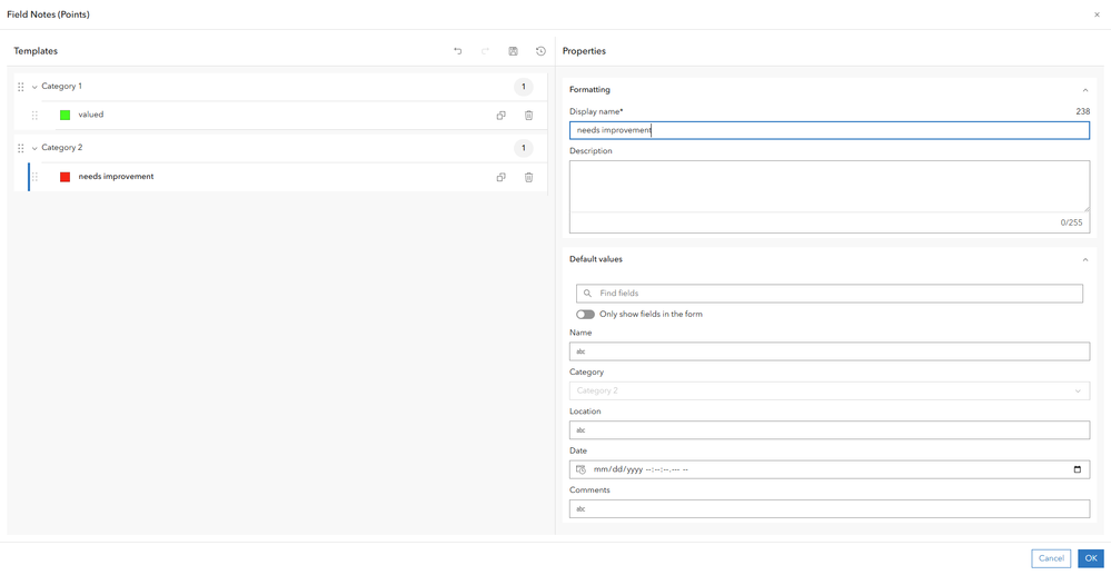 Template settings for the Field Notes (Points) layer in the Map Viewer.