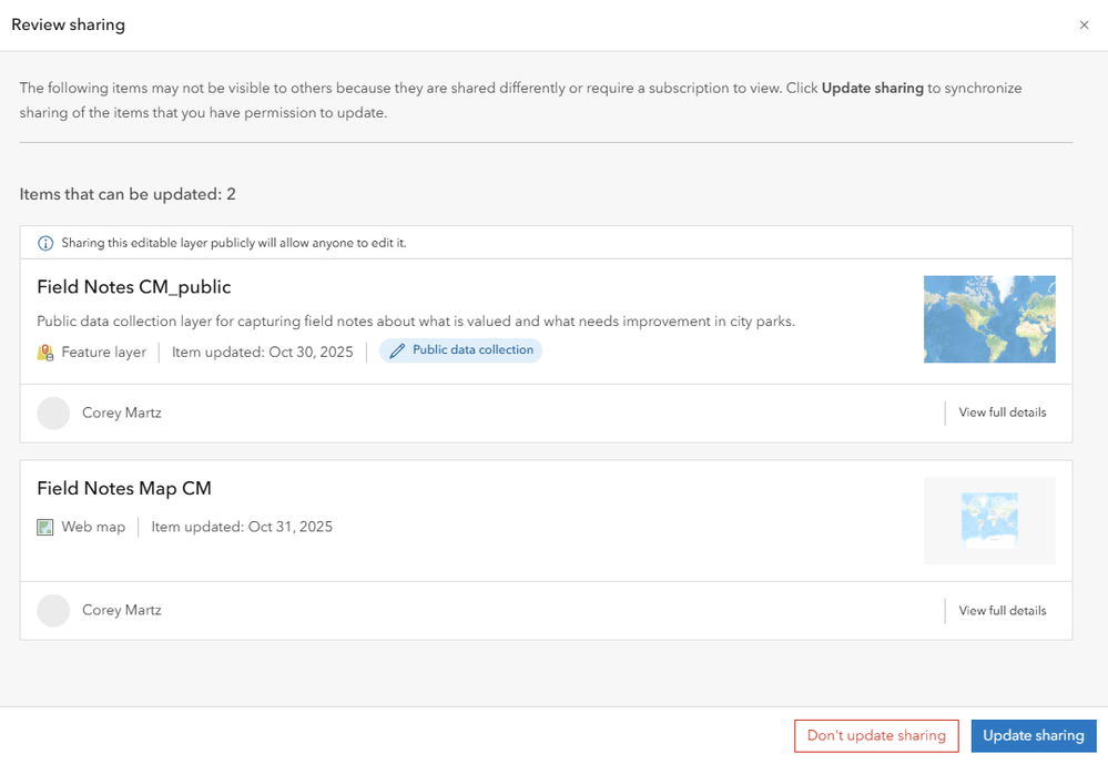 Review sharing settings in the Instant Apps Builder.