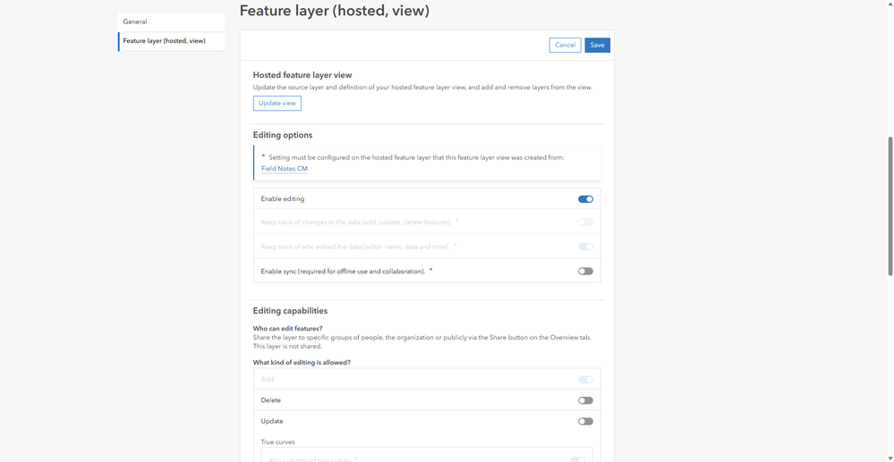 Editing settings for the feature layer view.