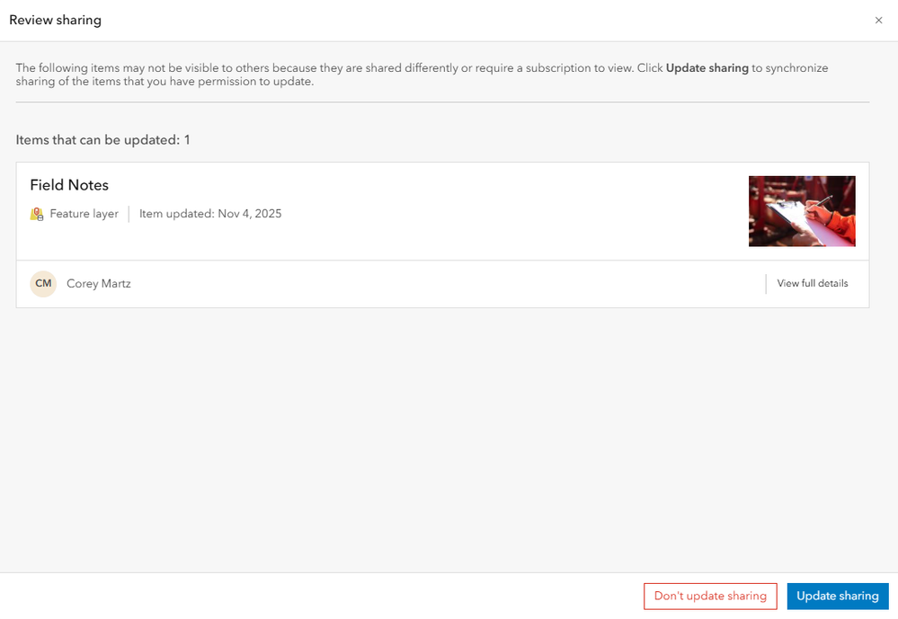 Review sharing settings in the Field Maps Designer.