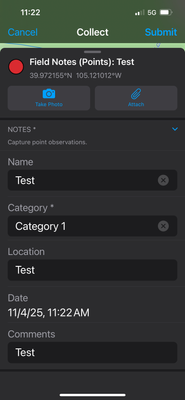 Collect screen in the Field Maps mobile app.