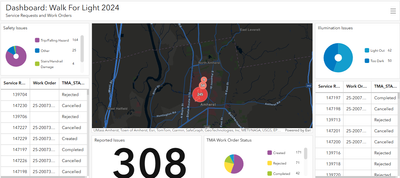 Screenshot of the Walk for Light 2025 Dashboard. Map of UMass Amherst Campus with the Night Light basedrop with hotspots of issues reported.