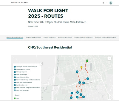 Img Desc: Screenshot of the Walk for Light Routes with directions on how to get around campus.