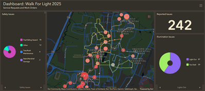 Img Des: Screenshot of the 2025 Walk for Light with each route and the clumping of issues reported shown with circles. The bigger the circle, the more issues reported.