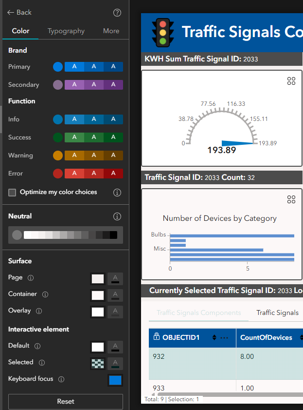 Color tab open in Theme Panel with Selected color changed to light blue for table.