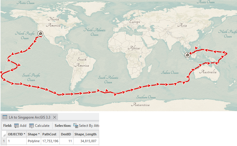 Using prevailing wind directions, the calculated route prior to ArcGIS 3.4 is 34,815 Kilometers.