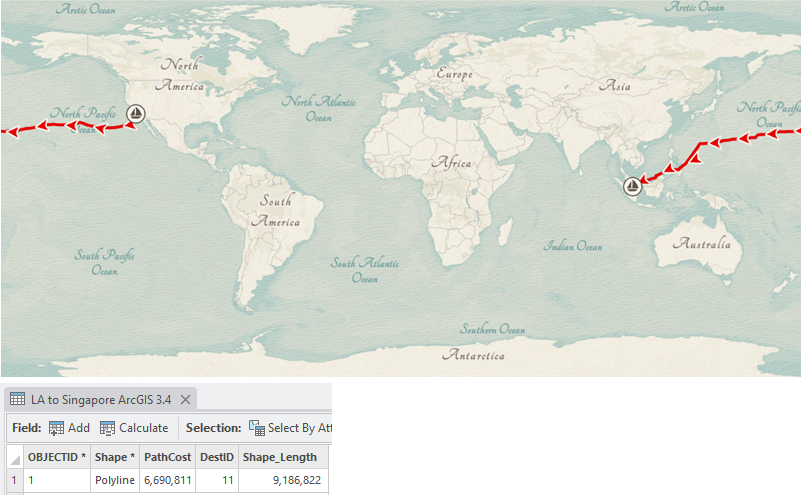 Starting in ArcGIS Pro 3.4 the shortest route, using prevailing wind directions, is 9,187 Kilometers.