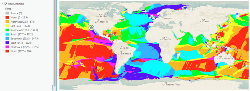 The Back Direction raster result from the Distance Accumulation tool.