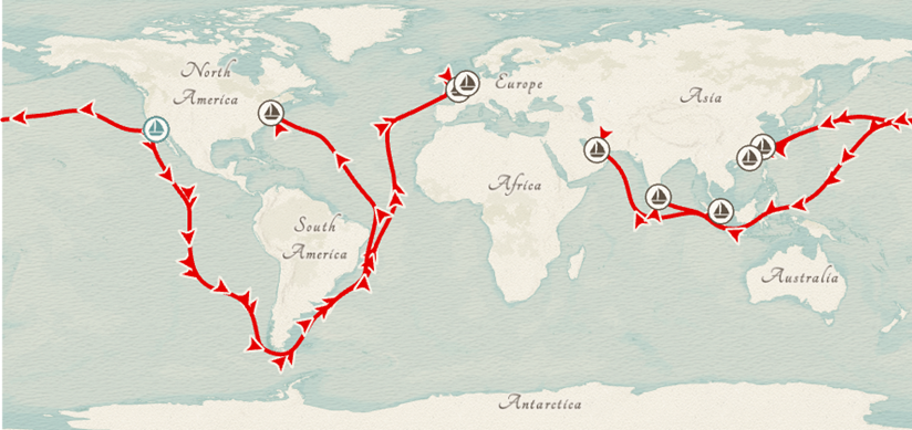 Without changing the central meridian of the map, this analysis created sailing routes that go beyond the boundary of the map extent, allowing for around the world calculations in both directions.