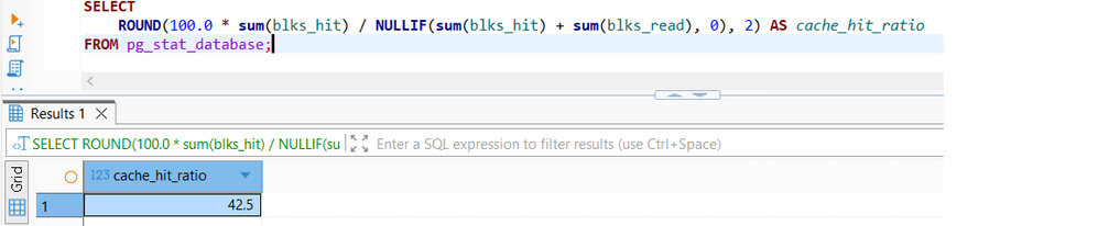ukázka cache hit ratio u databáze s nízkou hodnotou shared_buffers