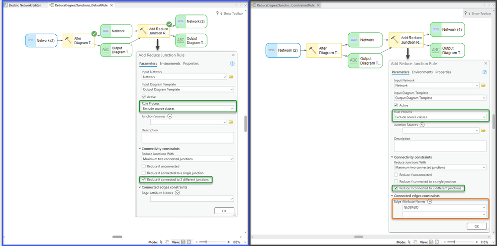 Reduce Junction rule settings to reduce junctions that connect two other junctions with or without constraint on the connected edges