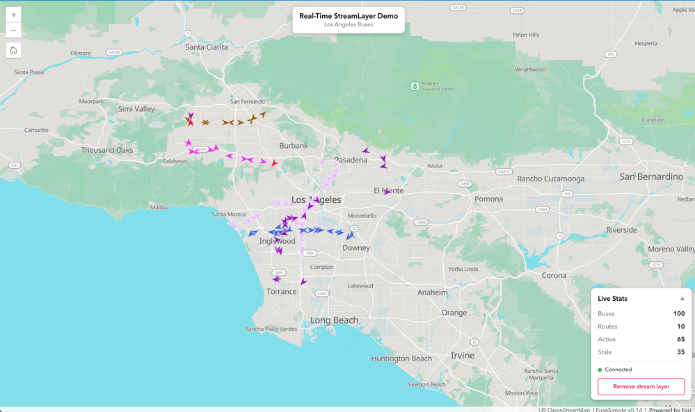 PMTiles basemap with live LA bus feed