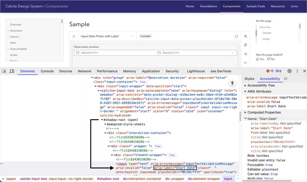 Figure: Calcite Date Picker with developer tools expanded to highlight the HTML text input, which contains an aria-label of Start Date. The HTML text input is within the Shadow DOM (or shadow-root) of the <calcite-input-text> component, which is a customized version of a Web Component.