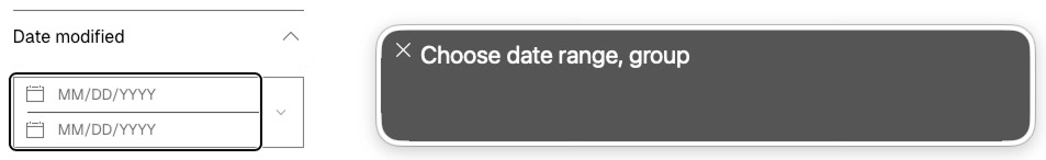 Figure: Voice Over, a Mac OS screen reader, is focused on a group role wrapped around both the Start and End date fields. The gray dialog visually displays what is being heard. The group has a non-visible aria-label of Choose date range.