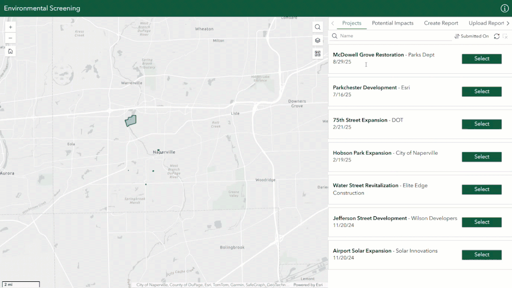 As part of the Environmental Review solution, the Environmental Screening app helps project reviewers explore proposed projects, identify potential impacts, and create summary reports.