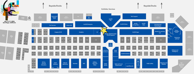 A block style map of the layout of the Esri User Conference Expo Floor shows a yellow star near the center of the map in a section called Design, Build and Sustain ArcGIS Systems near the Info Desk.