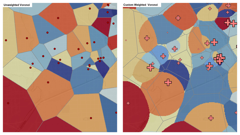 Standard Voronoi diagram created with the Unweighted Voronoi type (left) and custom expression Voronoi diagram (right) created considering bed counts as weights and network access as coefficients