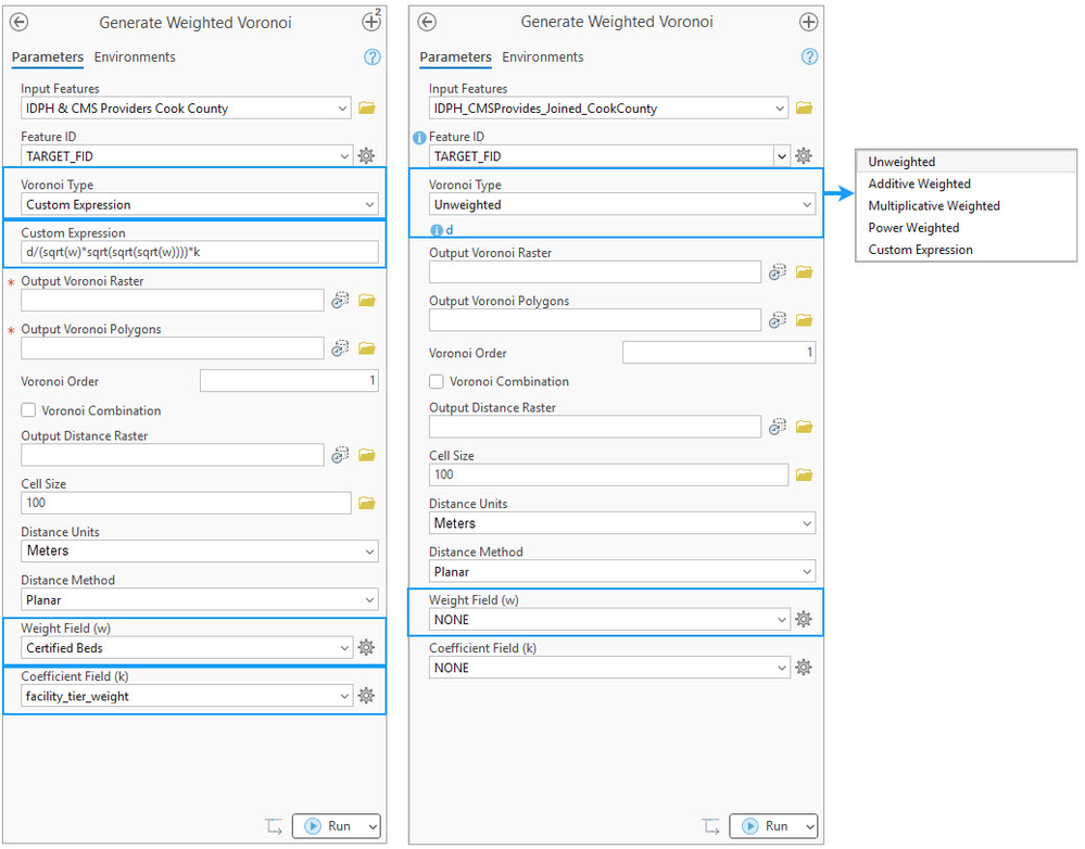 The Voronoi Type menu with a custom expression in the Generate Weighted Voronoi tool (left) and the Voronoi Type menu with Unweighted selected in the Generate Weighted Voronoi tool (right)