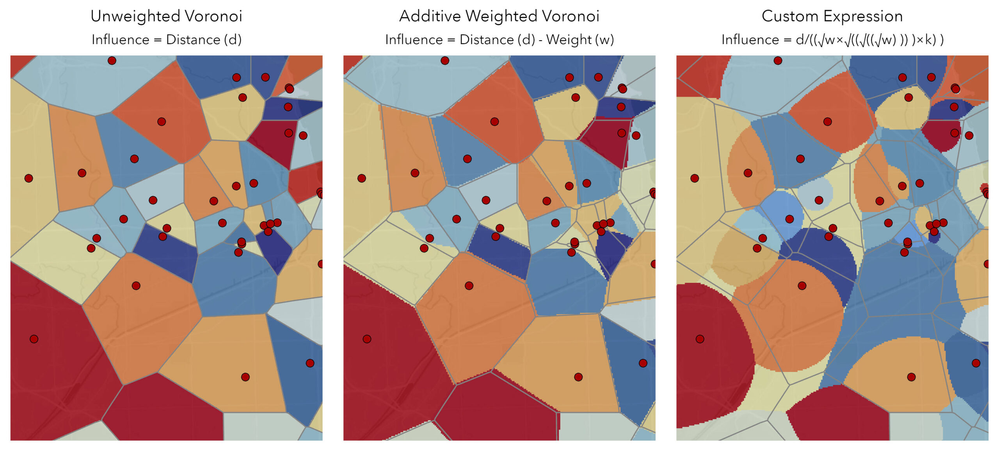 Output Voronoi diagrams using standard unweighted Voronoi, weighted Voronoi, and a custom expression in the Generate Weighted Voronoi tool