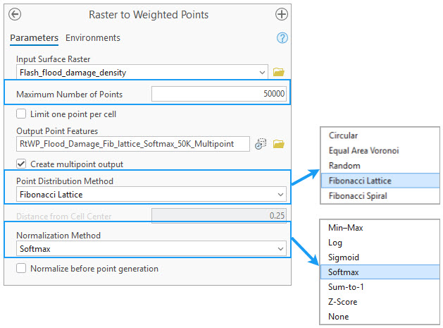The Raster to Weighted Points geoprocessing pane. Three parameters are used in this workflow: Maximum Number of Points, Point Distribution Method, and Normalization Method.