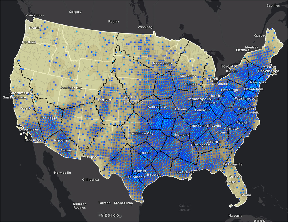 Operational zones produced by passing the weighted points to Generate Subset Polygons. Each polygon contains an approximately equal number of points (n = 1000), translating to roughly equivalent modeled damage intensity per zone.
