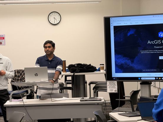 Krishna Daravath (Me) presenting a StoryMap project during the “Introduction to GIS and Story Maps” workshop at Eastern Illinois University. The presentation highlighted GIS storytelling techniques using spatial data and web mapping tools.