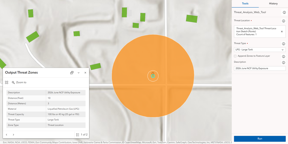 The Threat Analysis web tool’s temporary output in Map Viewer