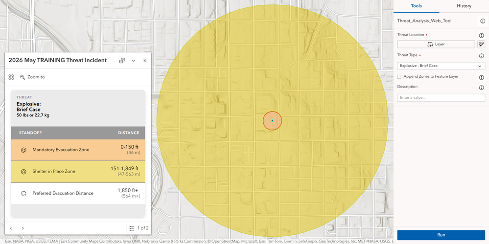 The Threat Analysis web tool’s appended output in Map Viewer with additional contextual layers. The inner circle (orange) shows the mandatory evacuation zone while the outer circle (yellow) shows the shelter in place zone for an explosive threat