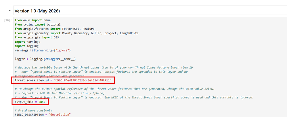 The Generate Threat Zones notebook with configurable variables highlighted