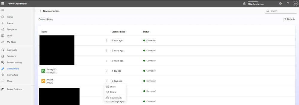 Screen grab of Power Automate "Connections" with the ArcGIS Connector's options expanded. No "Refresh" option is available.
