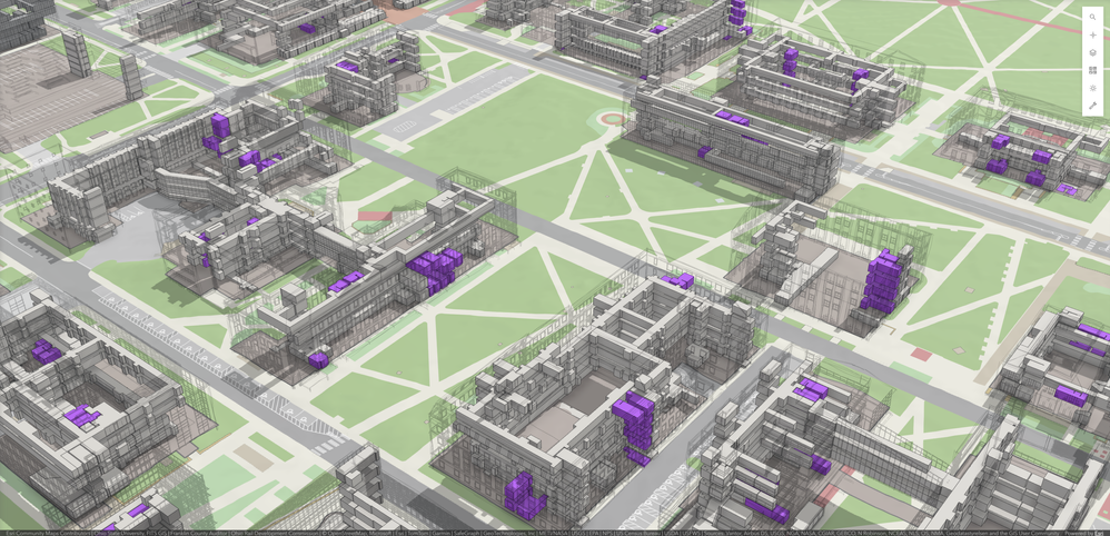 Spaces filtered to show restrooms and hallways in transparent buildings on a section of the Columbus Campus.