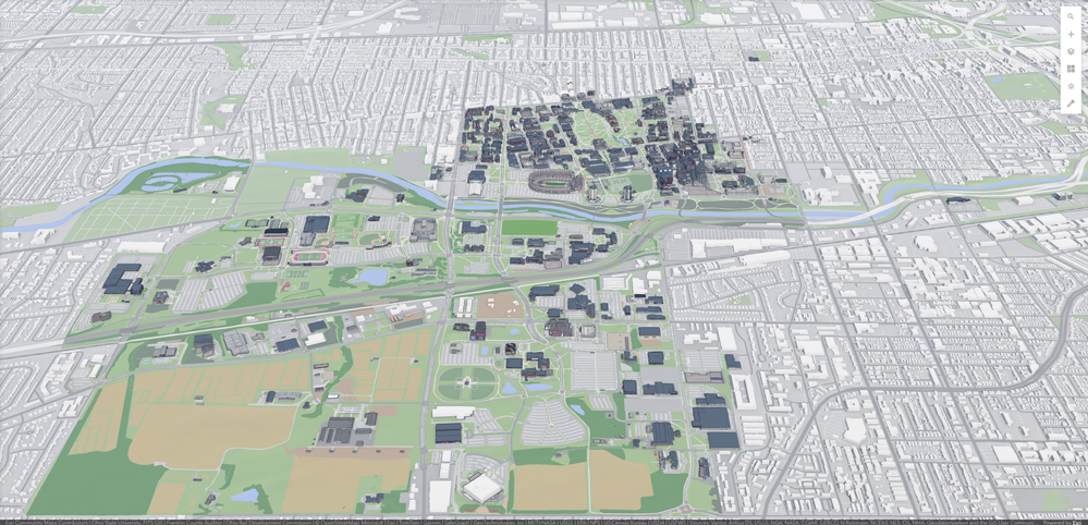 An overview of Columbus Campus facing east with BIM and the university district buildings shown in contrast to the level of detail.