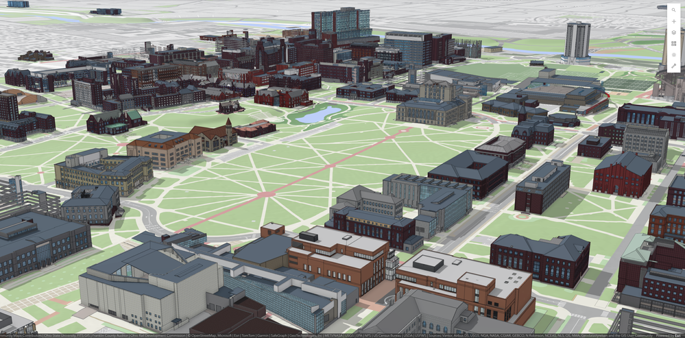 BIM exteriors in a single 3D scene showing a portion of the Columbus Campus.