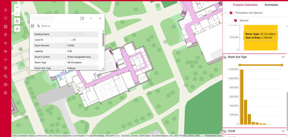 A space query showing a filter for circulation space on the first floor of all buildings in a 2D app.