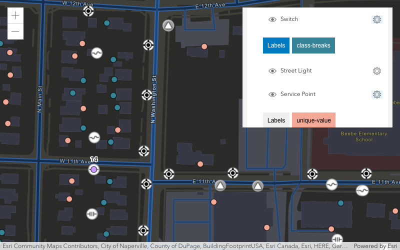 The SubtypeGroupLayer allows you to define a renderer and labels on each sublayer.