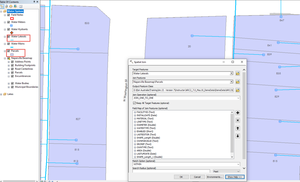 Spatial Join for Water Laterals and Parcels. Output will contain attributes from both feature classes