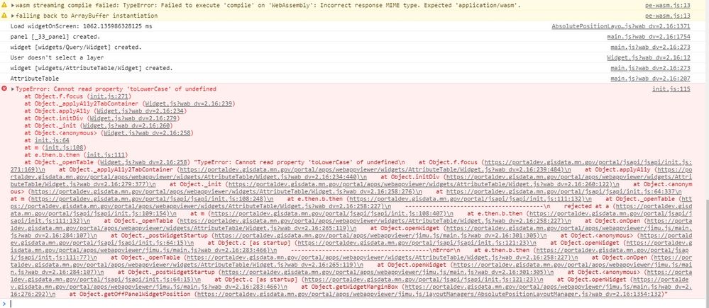 Screenshot of text from debugging console in Chrome showing the error (TypeError: Cannot read property 'toLowerCase' of undefined [init.js:115]); relevant section copied into body text of forum post.