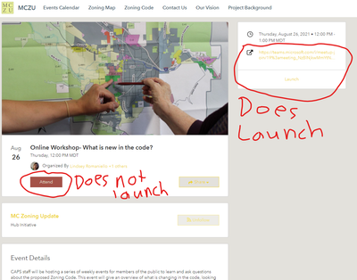 Illustration of problem with ArcGIS Hub event page design for launching online events.