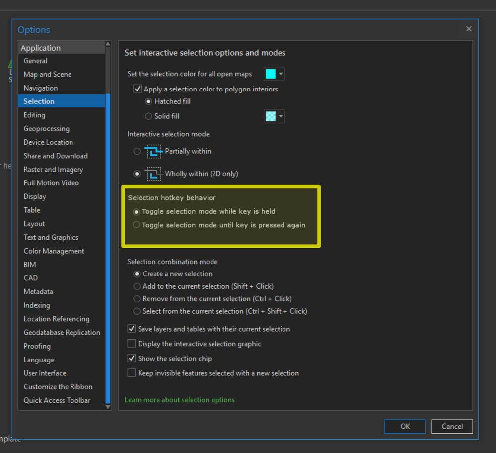 Selection settings with hotkey behavior exposed