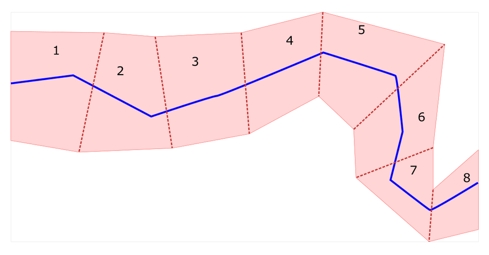 assigned zones as light red polygons