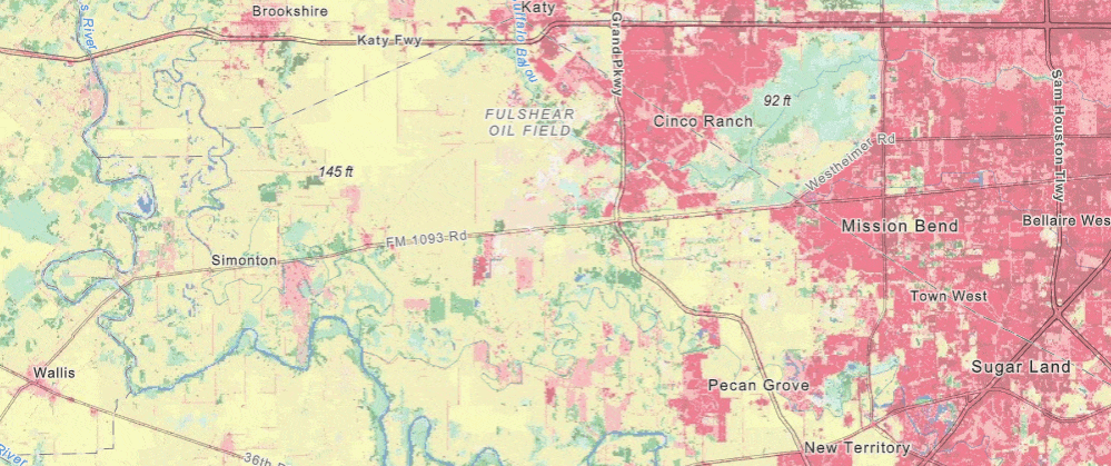 Urban expansion near Houston, 2001-2019
