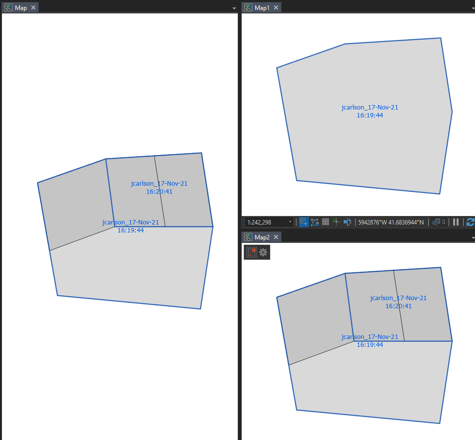At left, a test parcel fabric. Upper right: copied fabric with selection. Lower right: copied fabric without selection.