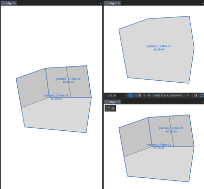 At left, a test parcel fabric. Upper right: copied fabric with selection. Lower right: copied fabric without selection.