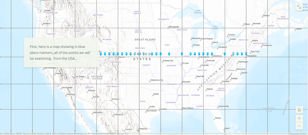 A portion of the story map showing the points along 40 North Latitude--and there is one more far to the east, in Spain.