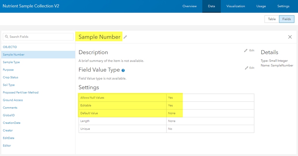 "Sample Number" field properties permitting Null values