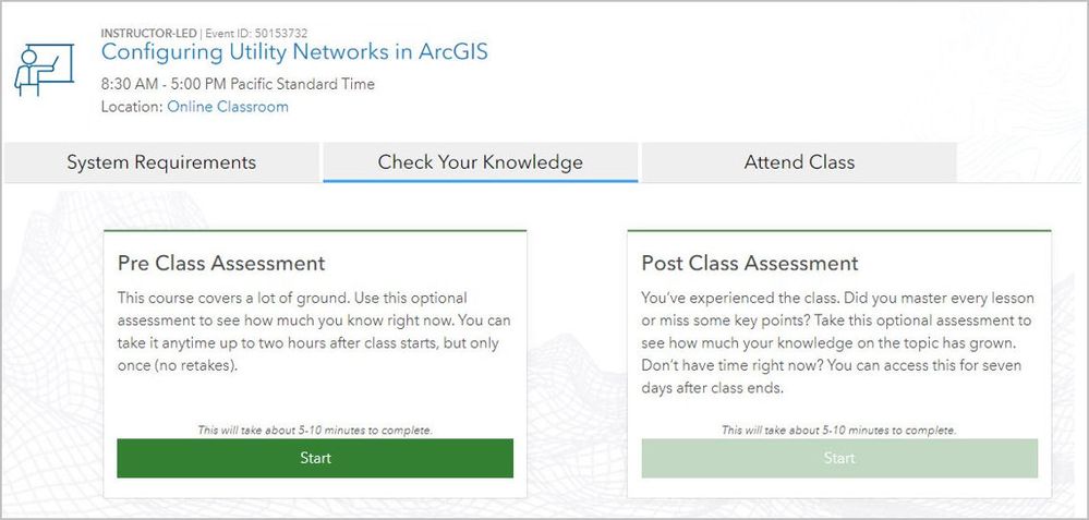 Attendees access pre- and post-class assessments from their My Schedule page on the Training site.